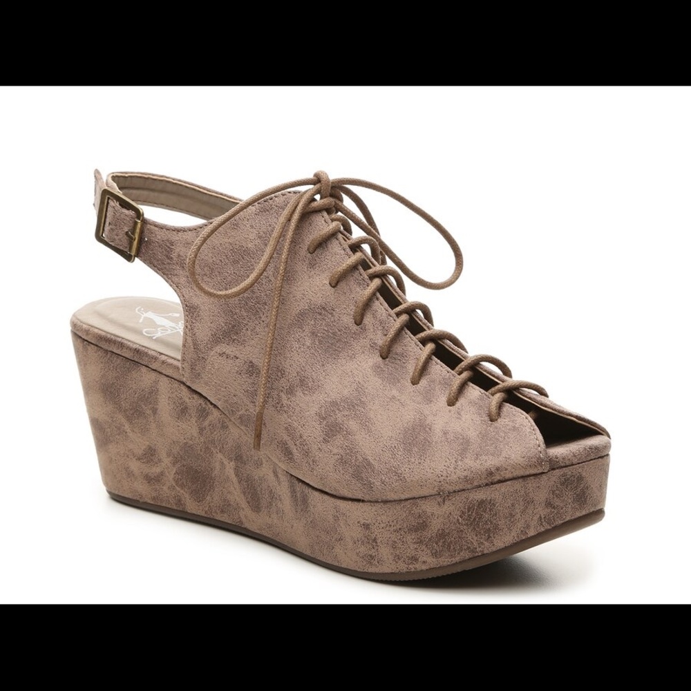 Corky’s Faux Suede 1 1/4” Lace up Wedge Sandal w/ 3” covered wedge heel